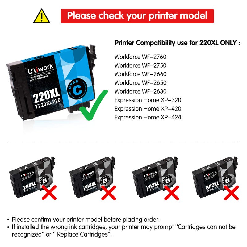 Uniwork 220XL Ink Cartridge, Remanufactured 220XL Ink Cartridge Replacement for Epson 220 XL 220XL T220XL use for Workforce WF-2750 WF-2760 WF-2630 WF-2650 WF-2660 XP-320 XP-420 Printer (10 Pack) - Image 2